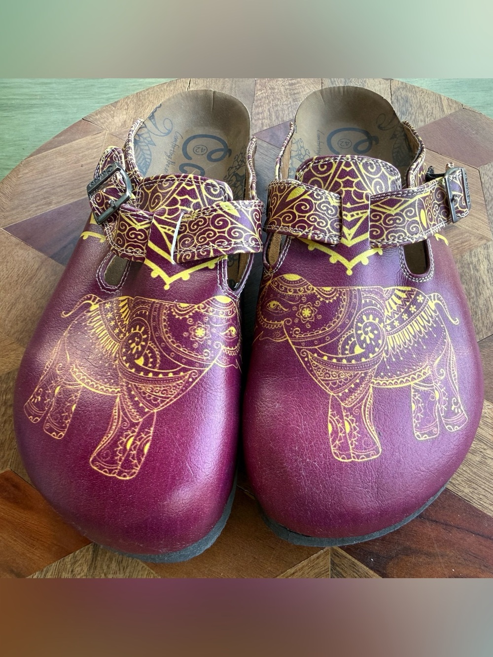 Calceo Purple Gold Elephant Mandala Boho Comfort Clogs Cork Mules EU 42 US 11